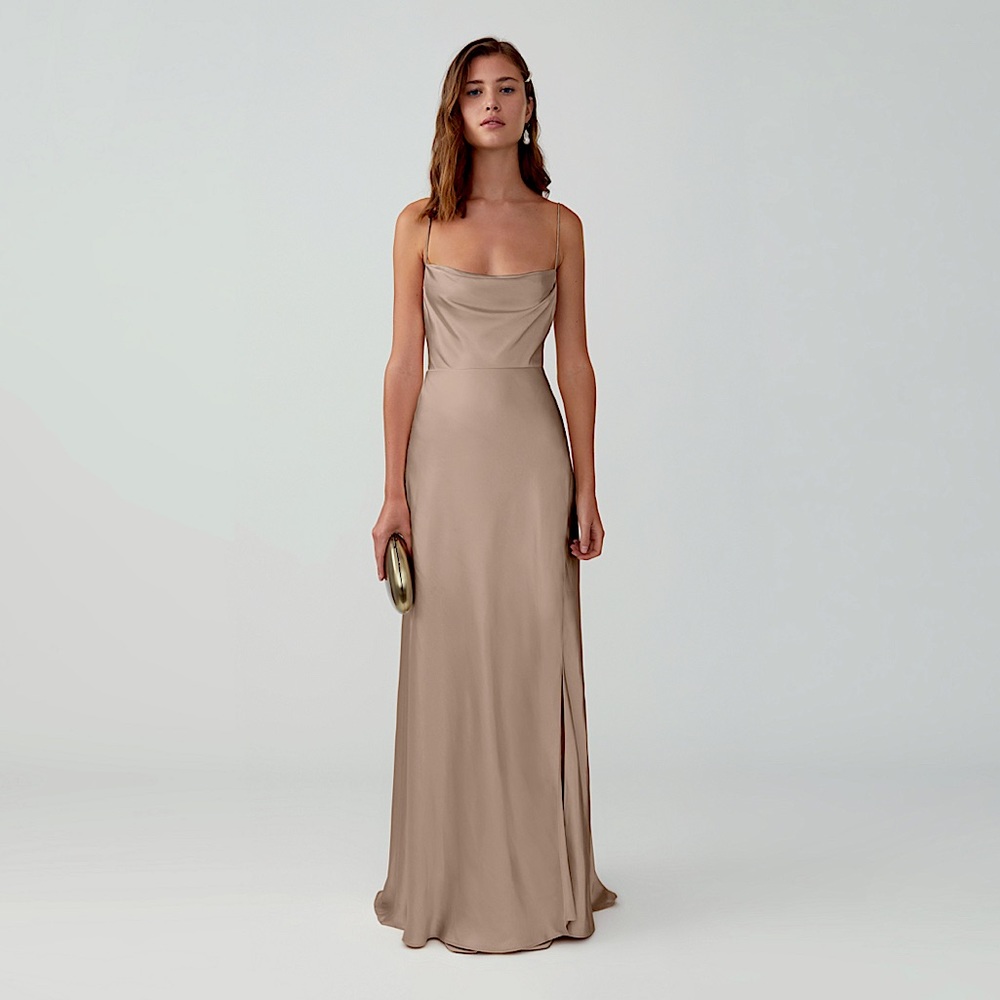 Fame & Partners Strappy Draped Gown Matte Satin Dark tan